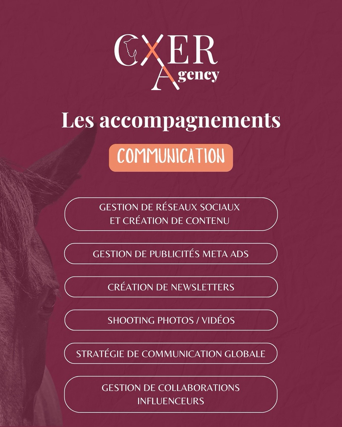 COMMUNICATION 🔊
Oxer Agency vous accompagne 💻🐴 :
- Gestion de réseaux sociaux et création de contenu
- Gestion de publicités Meta Ads
- Création de newsletters
- Shooting photos/vidéos
- Stratégie de communication globale
- Gestion de collaborations influenceurs
Pour plus d’infos rendez-vous sur oxeragency.com 🚀