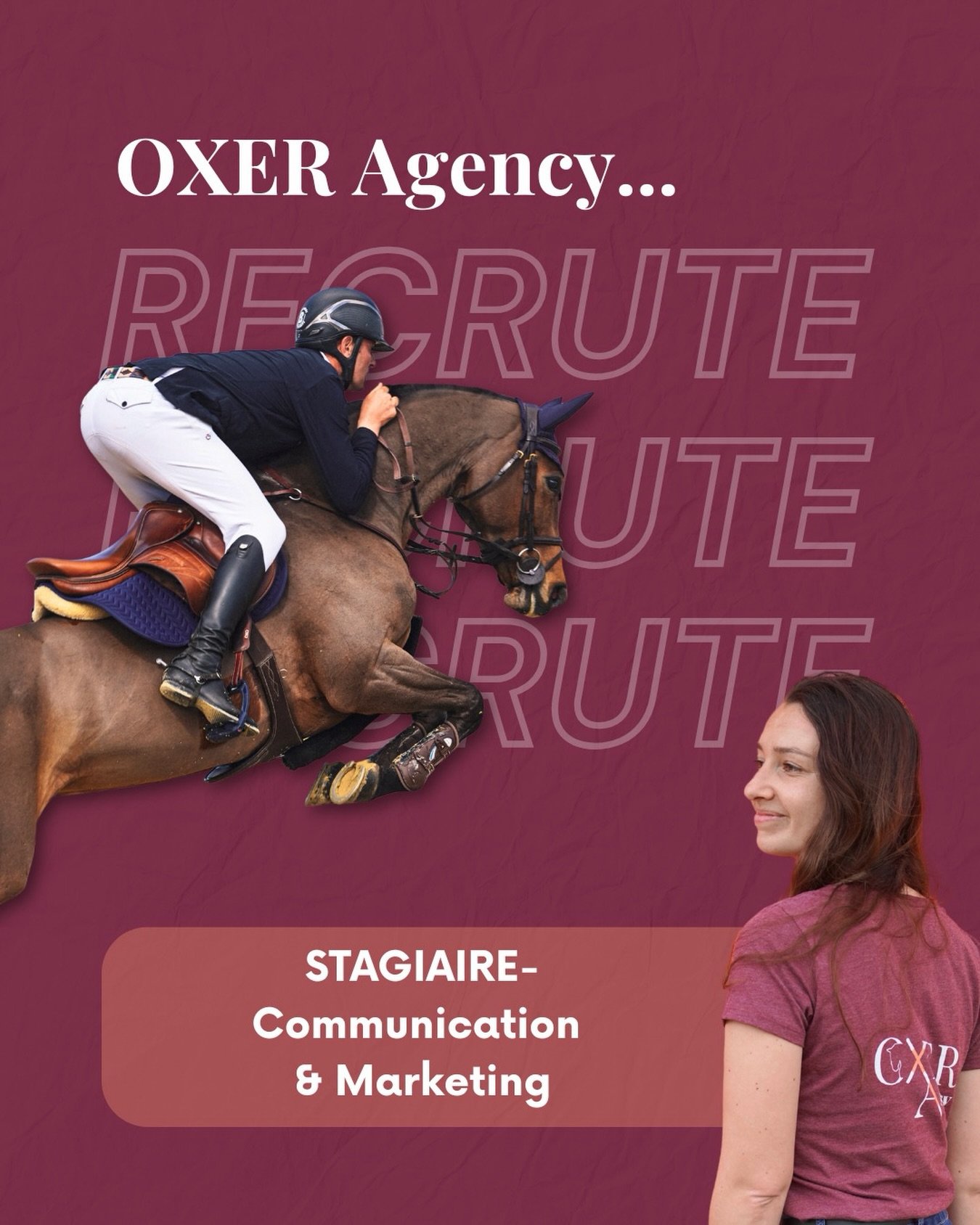 🐴 Stage Communication & Marketing 💻 – Oxer Agency

Oxer Agency grandit, les projets se multiplient… je recherche un(e) stagiaire en communication & marketing pour m’accompagner au quotidien dans cette aventure. 🚀

Spécialisée dans le secteur équestre, l’agence accompagne différentes marques dans leur stratégie de communication, création de contenu et développement de leur image.

📅 Informations du stage
- Durée : 4 à 6 mois
- Début : Mai
- Format : 100% distanciel
- Rémunération : Gratification légale de stage
- Convention de stage obligatoire
👉 Stage uniquement — pas d’alternance, freelance ou CDI ❌

🎯 Tes missions
Tu interviendras sur plusieurs projets clients avec des missions variées :
- Création de contenus pour les réseaux sociaux (visuels, captions…) dans le respect des chartes graphiques
- Réflexion sur les formats, veille et proposition d’idées de contenus
- Création graphique ponctuelle (flyers, supports de communication)
- Participation à la réflexion stratégique des plans de communication
- Recherche et sélection d’influenceurs pour les campagnes clients
- Montage vidéo (Reels, formats courts principalement)

🧠 Profil recherché
- Tu sais respecter un brief tout en apportant ta touche créative
- Tu es force de proposition et curieux(se)
- Tu as une bonne sensibilité pour les réseaux sociaux
- Tu maîtrises Canva (la suite Adobe est un plus)
- Tu as une bonne connaissance du secteur équestre

💻 Pourquoi rejoindre Oxer Agency ?
- Une expérience concrète sur des projets clients divers et variés dans le secteur équestre
- Une vision globale : création + stratégie
- Une montée en compétences rapide dans un environnement dynamique
- Idéal si tu es sensible à l’univers équestre ou que tu es cavalier(e)
- Une collaboration en direct avec moi-même 🙋‍♀️

👉 Pour postuler : envoie ton CV + en bonus des exemples de créations visuelles à manon@oxeragency.com 💌

📣 Merci de partager autour de vous !